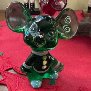 RARE Fenton Mouse Green Glass Figurine Hand Painted Signed-CUTE!
